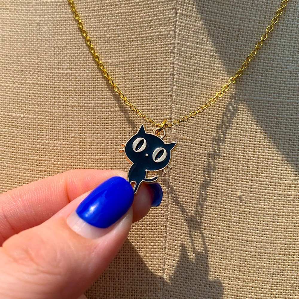 NWT Sterling Silver Plated Chain & Enamel Cat Alloy Metal Charm Necklace